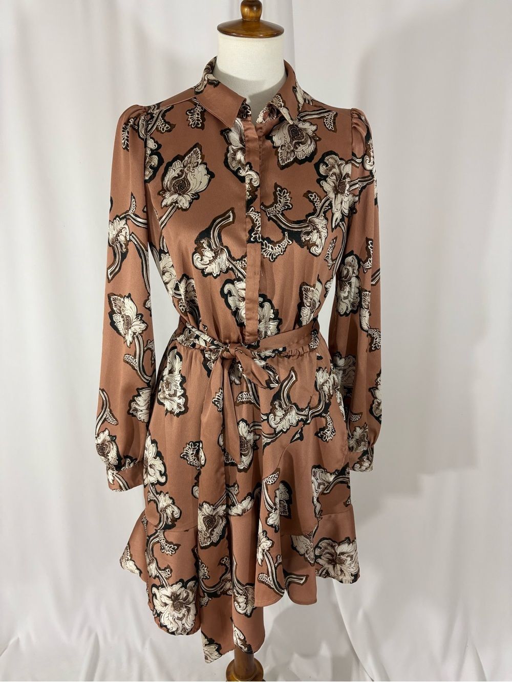 Express Rust Floral Tie-Waist Long Sleeve Shirt Dress